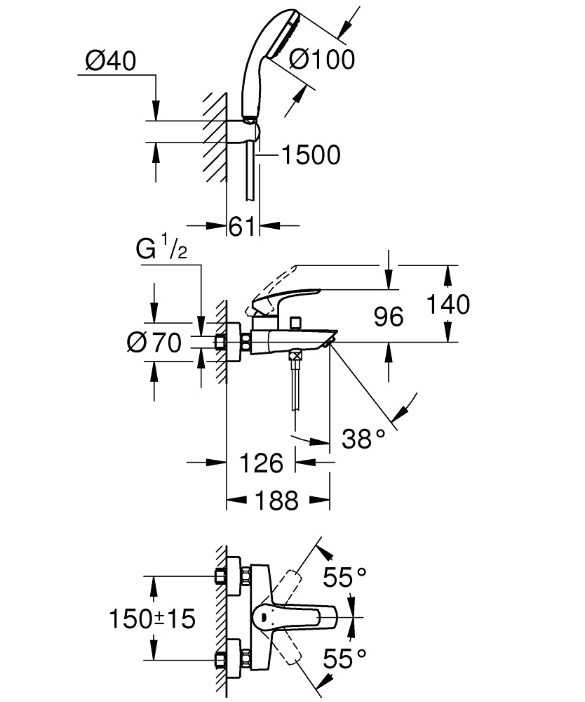 Baterie cada cu dus Grohe Eurosmart 2022,set dus inclus,crom,gama profesionala-33302003