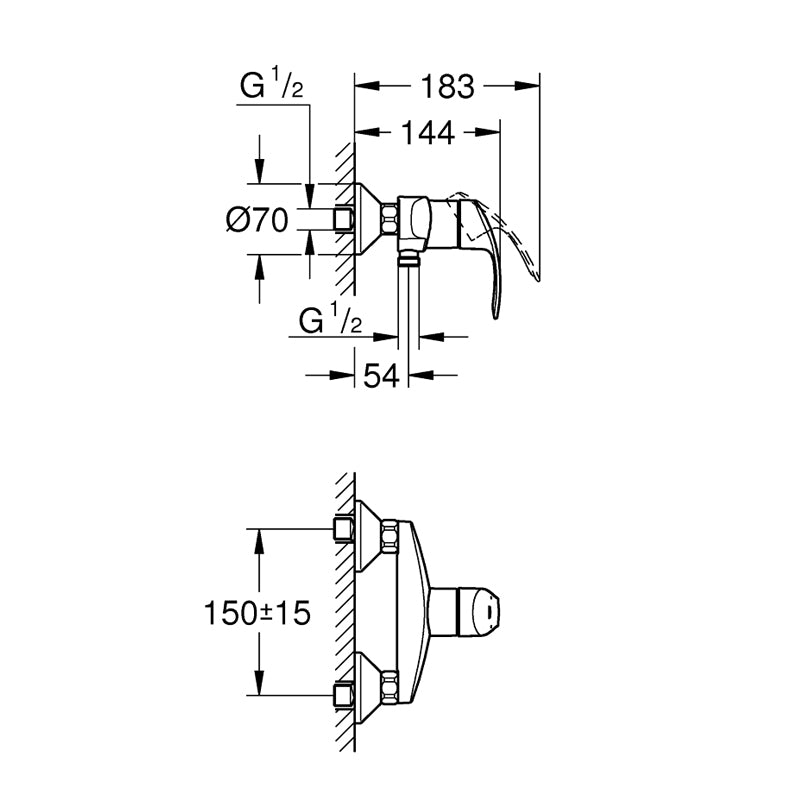 Pachet: Coloana dus Grohe New Tempesta 250,crom,montare pe perete, baterie cabina dus Eurosmart ( 26675001 ,33555002  )