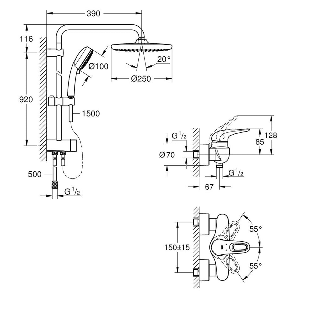 Coloana dus Grohe Tempesta 250+baterie cabina dus Grohe Eurostyle alb,maner decupat  (33590ls3,26675000)