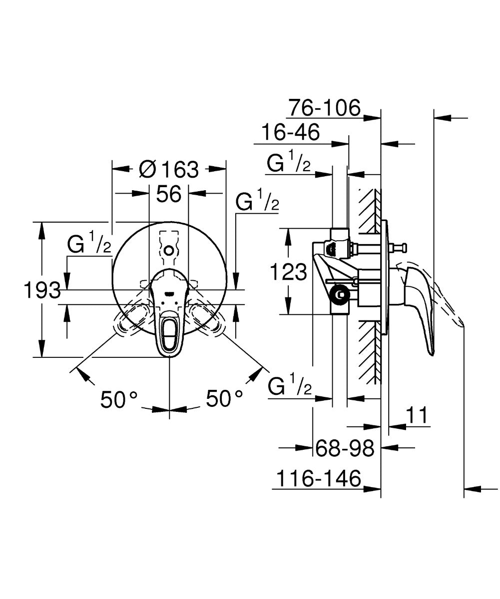 Baterie cada si dus incastrata Grohe Eurostyle, cu corp incastrat, crom - 33637003