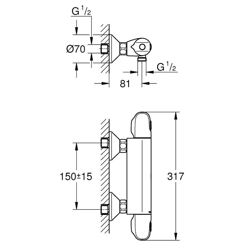Pachet: Baterie de dus cu termostat Grohtherm 1000 New -34143003, Baterie lavoar blat Grohe BauEdge XL size-23761000