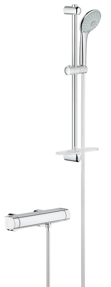 Sistem de dus cu termostat Grohe Grohtherm 2000, montare aparenta, 3 functii, para dus inclusa, brat ajustabil, etajera, anti-calcar, crom - 34195001