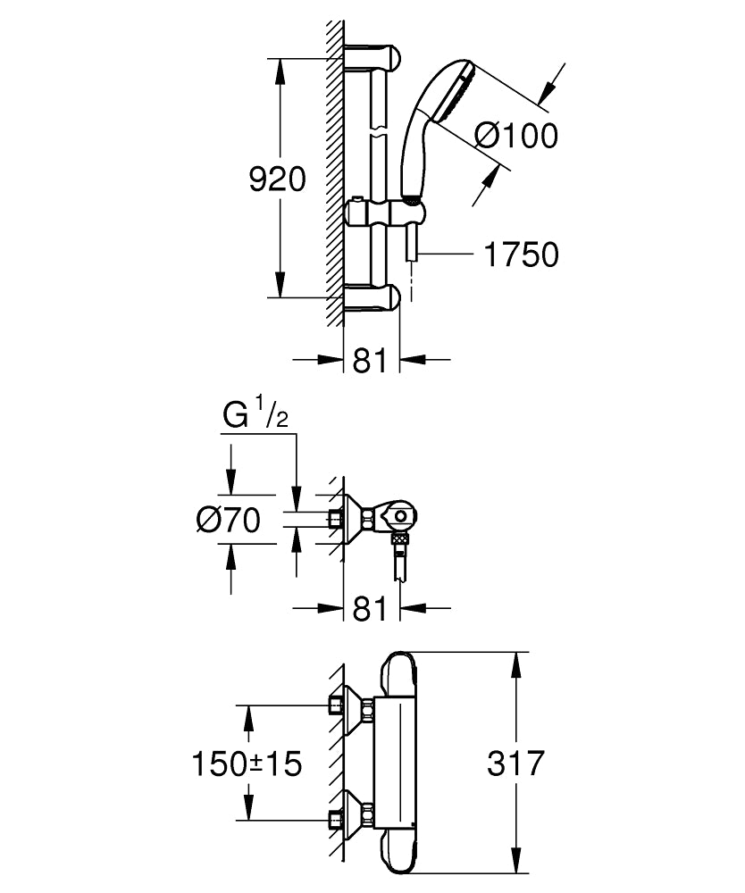 Baterie cabina dus Grohe Grohtherm 1000, bara 900mm, set dus inclus, crom-34256004