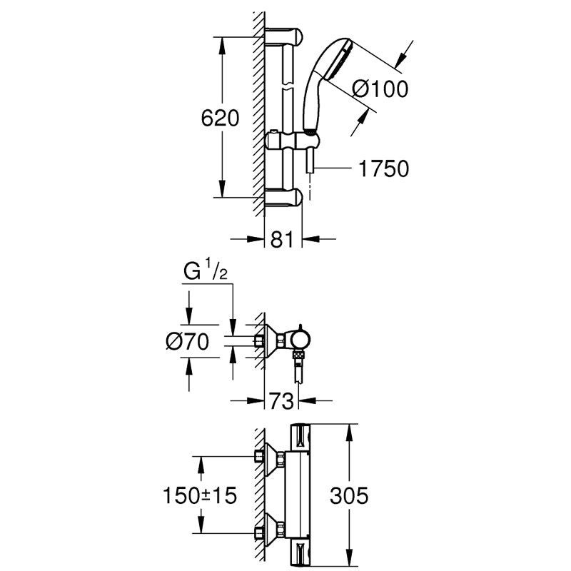 Pachet: Baterie dus Grohe Grohtherm 800 si Set dus cu bara Tempesta Mono-34565001, Baterie lavoar Grohe Conncetto L size-23739001