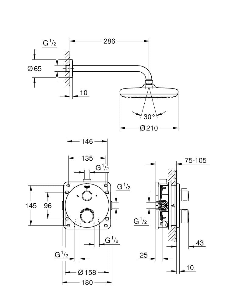 Sistem dus incastrat Grohe Grohtherm Perfect Round Tempesta 210, 1 consumator, crom - 34726000