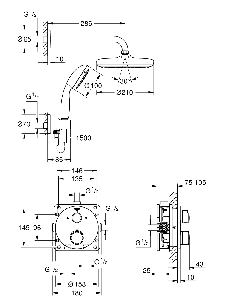 Sistem dus Grohe Grohtherm, incastrat, termostat, 210 mm, crom - 34727000