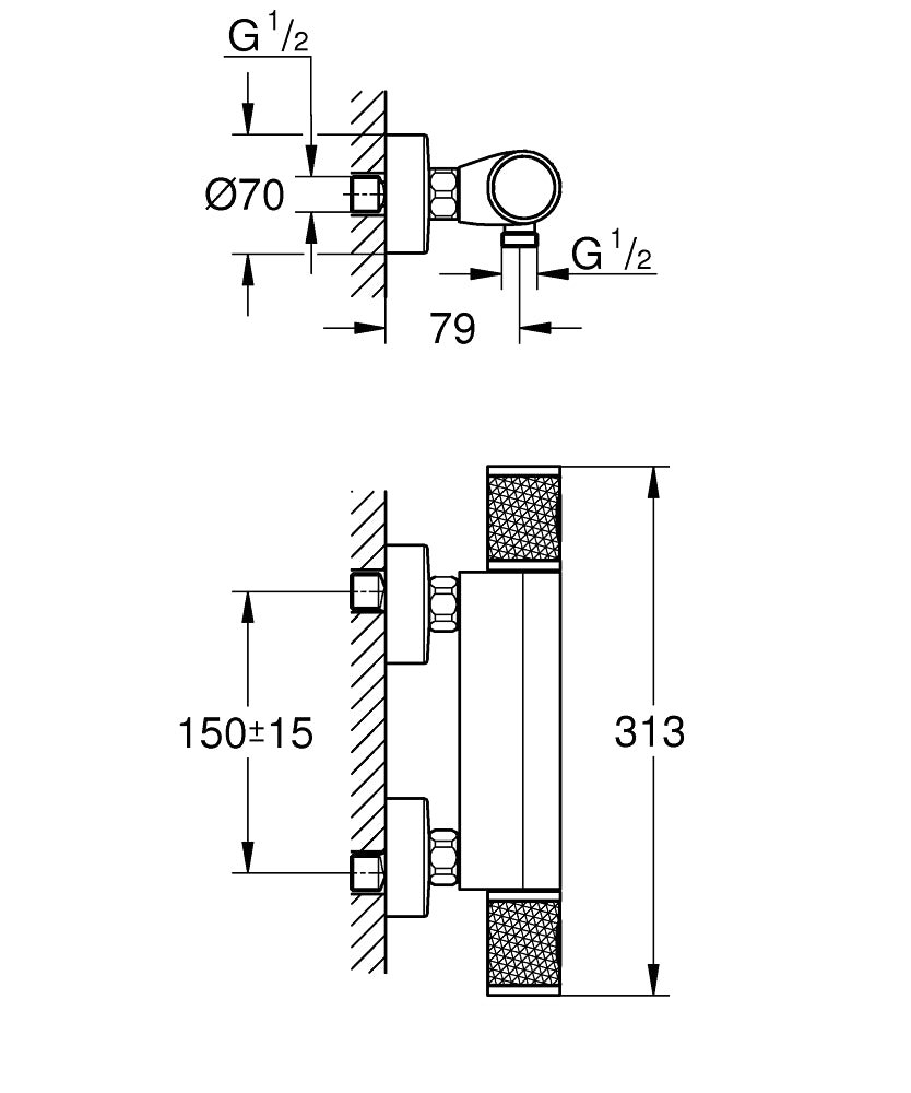 Baterie cabina dus Grohe Grohtherm 1000 Performance,termostat,crom,montare perete-34776000