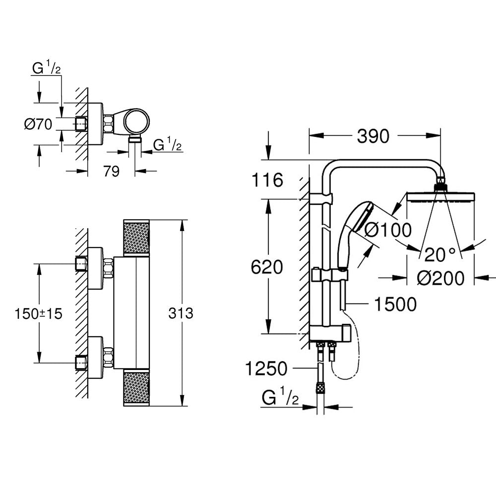 Coloana cabina dus termostat Grohe Grohtherm Performance, palarie 200mm, para de mana 3 tipuri de jet( 34776000,27389002)