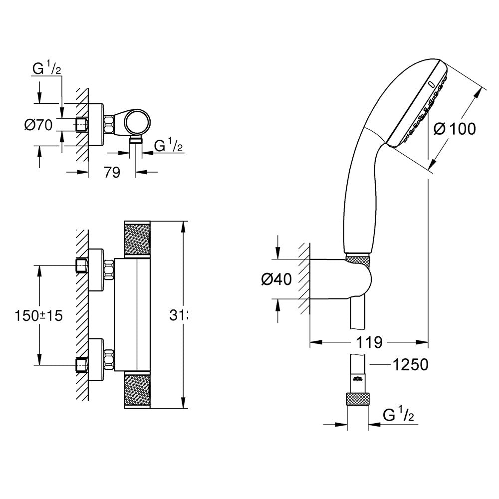 Set Baterie cabina dus termostat Grohe Grohtherm 1000 Performance, set dus 2 jet,porter(34776000,27799001)