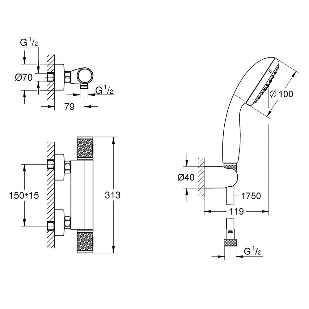 Set Baterie cabina dus termostat Grohe Grohtherm 1000 Performance, set dus 3 tipuri jet,porter(3477600,27849001)