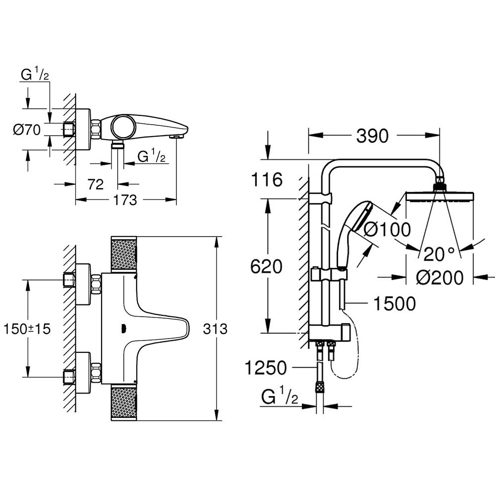 Coloana cada/dus cu termostat, Grohe Grohtherm Performance, palarie 250mm, para dus 1 tip jet,crom(34830000 ,26675001  )