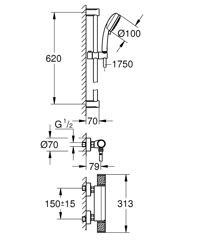 Baterie cabina dus Grohe Grohtherm 1000 Performance,termostat,crom,montare perete,set dus-(34776000,27578002)