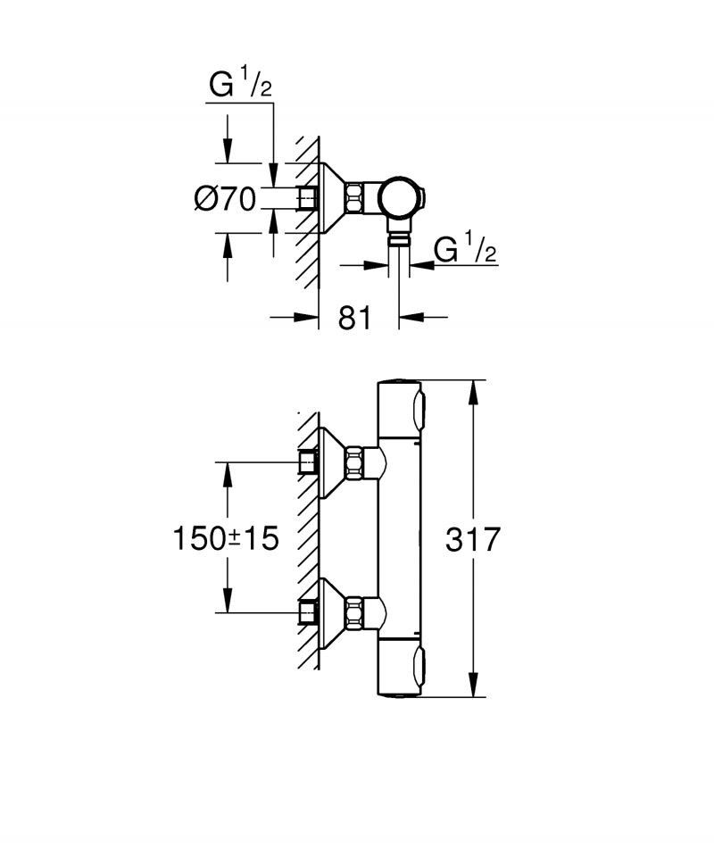 Coloana dus Grohe Vitalio palarie patrata 25 cm, baterie cabina dus termostat Precision Flow (26698000 ,34840000)