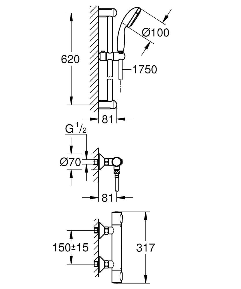 Baterie cabina dus cu termostat, Grohe Precison Flow, set de dus inclus, crom-34841000
