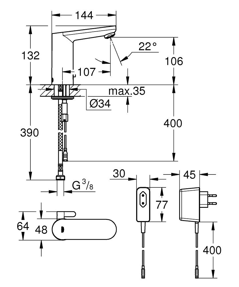 Baterie lavoar senzor Grohe Eurosmart Cosmo E mixare,crom, furtune flexibile, alimentare la priza-36325002