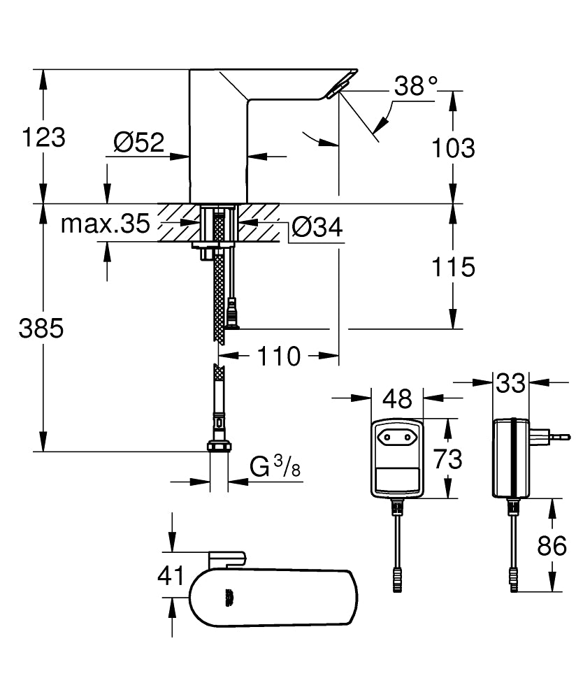 Baterie lavoar senzor Grohe Bau Cosmo E, cu mixare, crom, furtune flexibile,alimentare priza-36453000