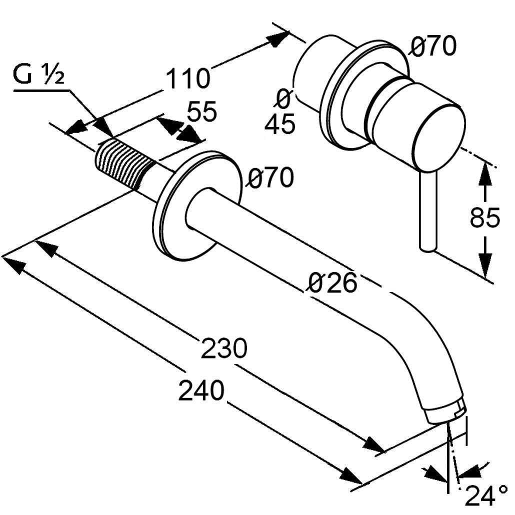 Baterie lavoar Kludi Bozz de perete, 2 treceri, pipa 230mm, fara ventil, montaj incastrat, crom - 382450576