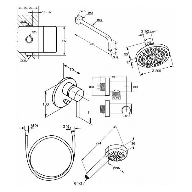 Sistem dus montaj incastrat Kludi Bozz, palarie 200mm, corp incastrat inclus-386300576
