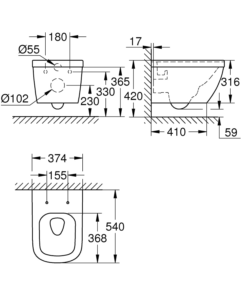Vas wc Grohe Euro Ceramic Rimless Triple Vortex, montare suspendata,fara capac-39328000