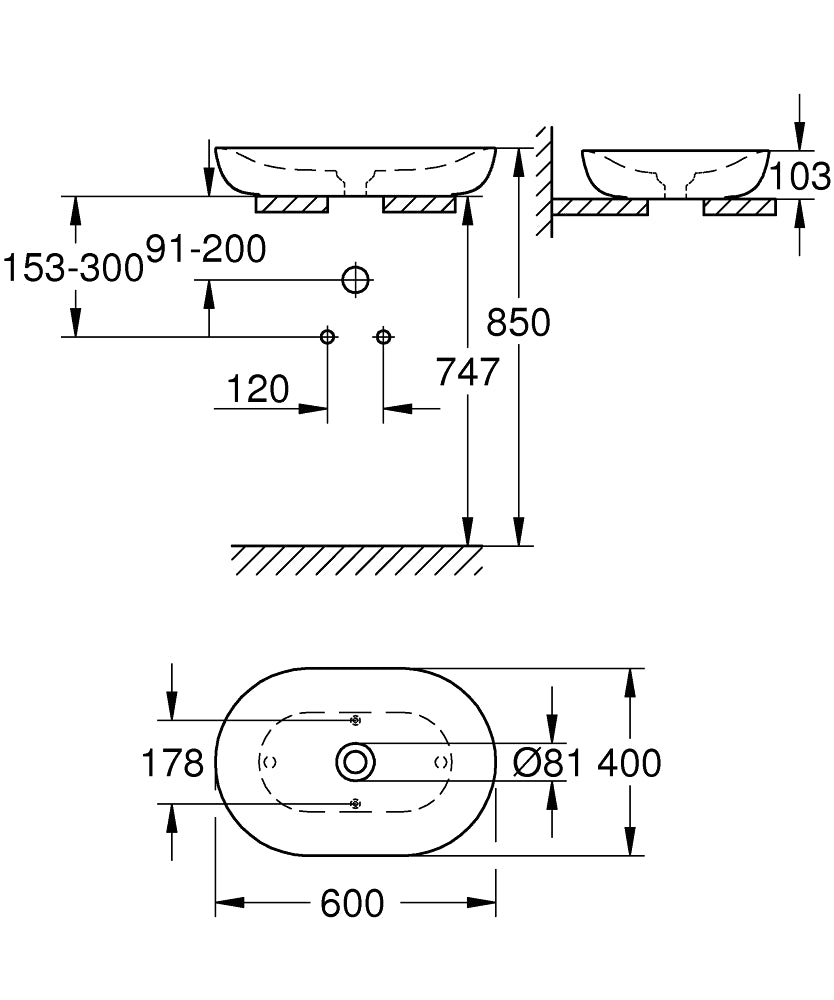Lavoar Grohe Essence, montare pe blat, preaplin, include pop-up, PureGuard, 600 x 400 mm,ceramica, Alb- 3960800H