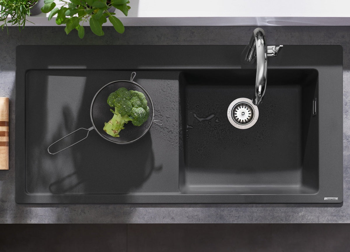 Chiuveta bucatarie Hansgrohe S514-F450 SilicaTec 450, 51x105x19cm, picurator stanga, graphite black - 43314170