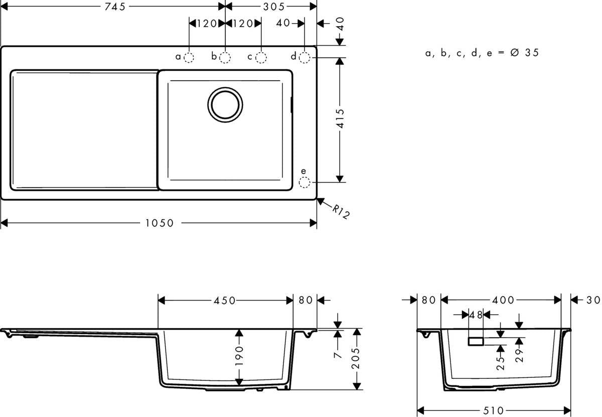 Chiuveta bucatarie Hansgrohe S514-F450 SilicaTec 450, 51x105x19cm, picurator stanga, graphite black - 43314170