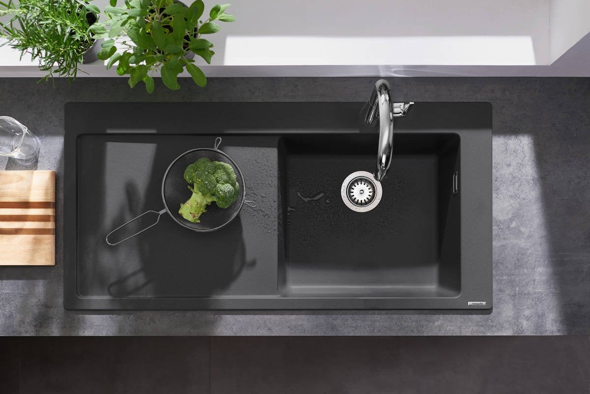 Chiuveta bucatarie Hansgrohe S514-F450 SilicaTec 450, 51x105x19cm, picurator stanga, graphite black - 43314170