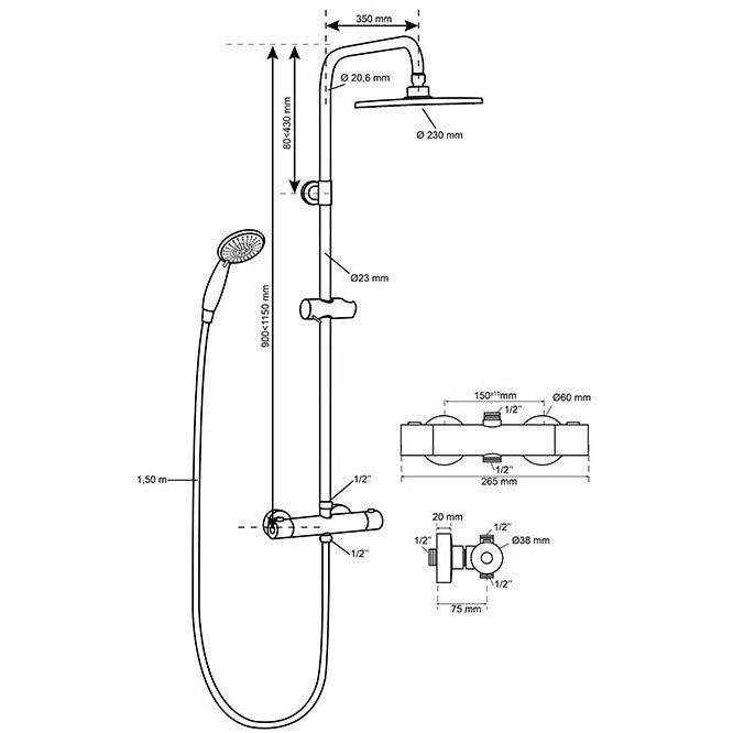 Coloana dus Wirquin Comfort cu baterie si termostat, si cap dus rotund Ø23 cm, negru mat - 60722893