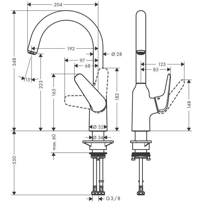Baterie bucatarie Hansgrohe Focus M42, 3/8'', pipa inalta, monocomanda, pivotanta, crom - 71802000