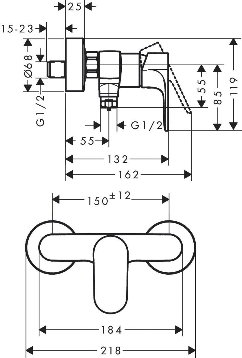 Baterie dus Hansgrohe Rebris S, monocomanda, crom - 72640000