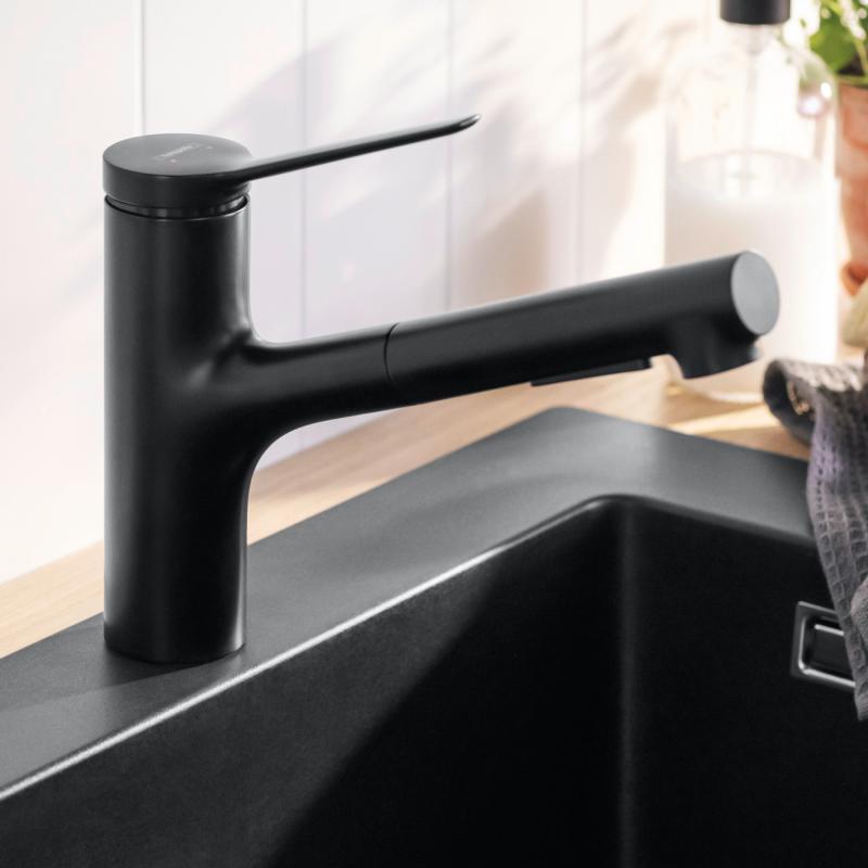 Baterie bucatarie Hansgrohe Zesis M33 150, dus extractibil,2 jeturi , negru mat - 74800670