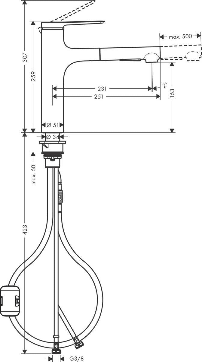 Baterie bucatarie Hansgrohe Zesis M33 160, dus extractibiL, 2 jeturi, crom - 74801000