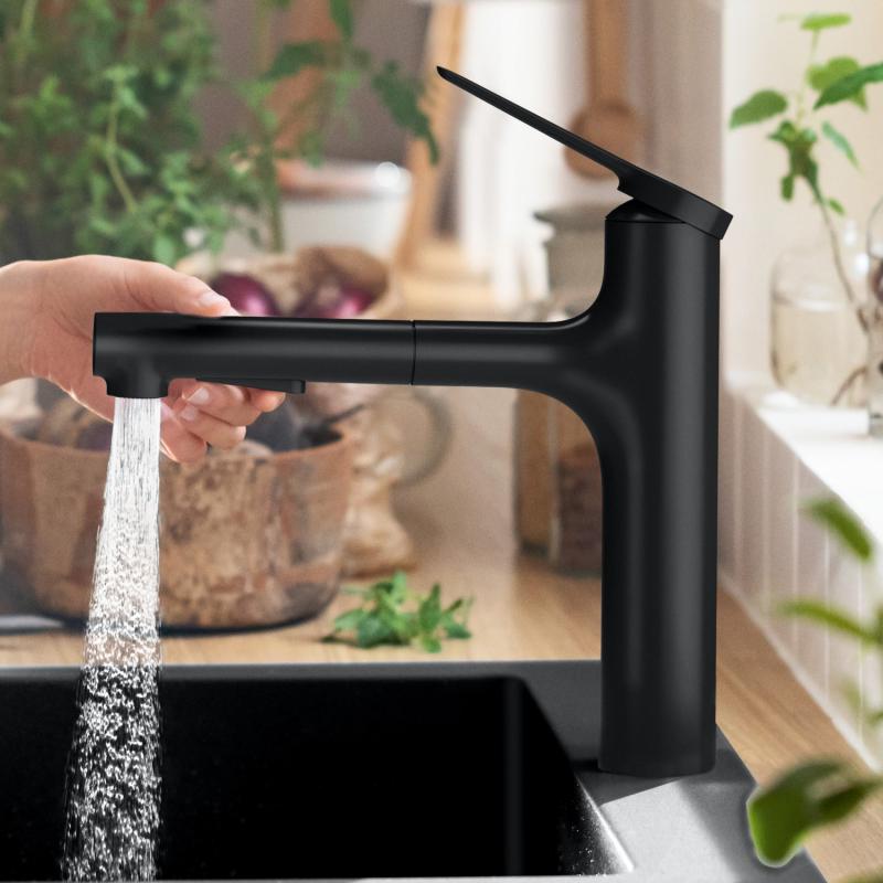 Baterie bucatarie Hansgrohe Zesis M33 160, dus extractibil, 2 jeturi, negru mat - 74801670
