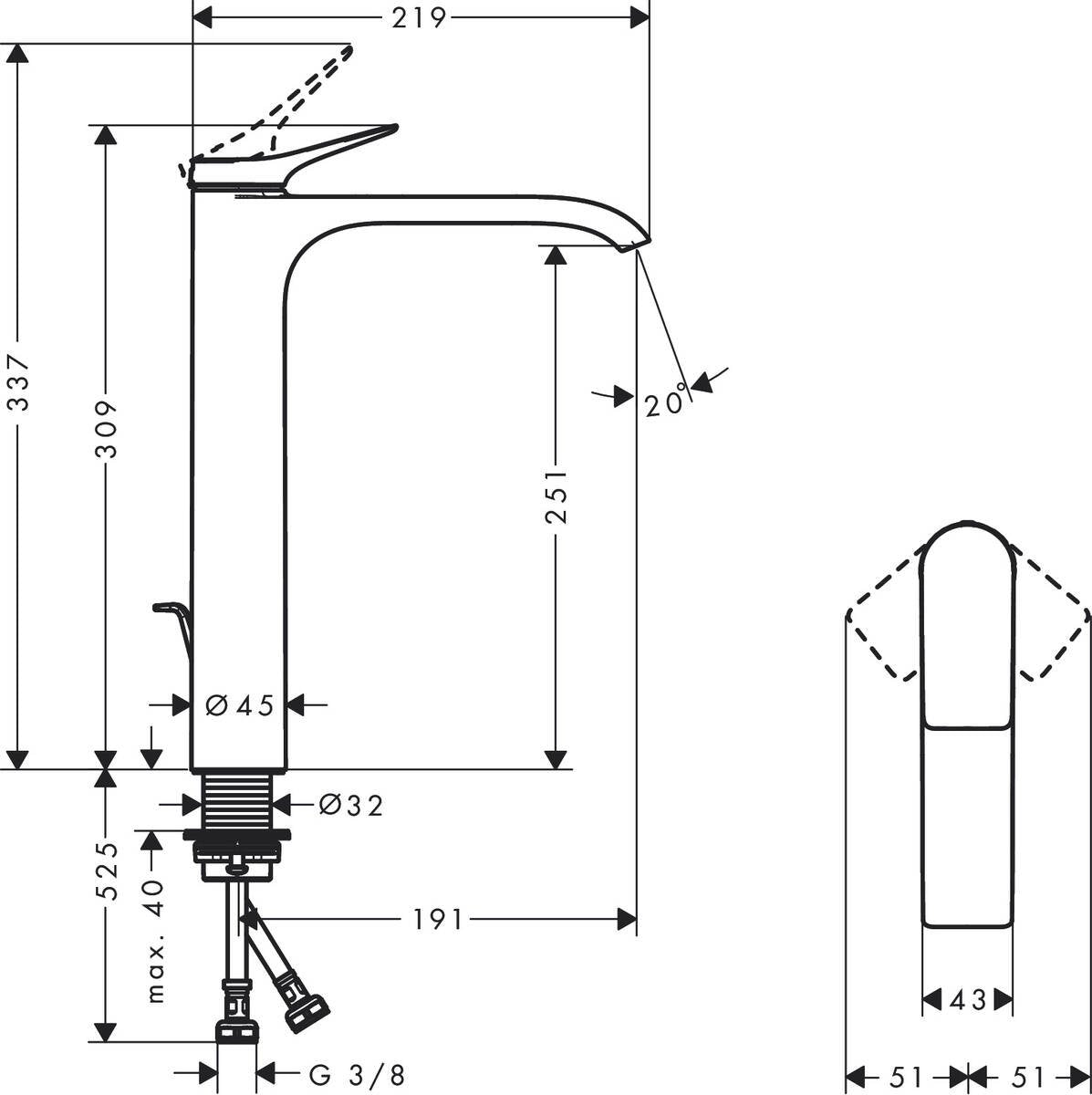 Baterie lavoar Hansgrohe Vivenis 250, ventil pop-up, negru mat - 75040670
