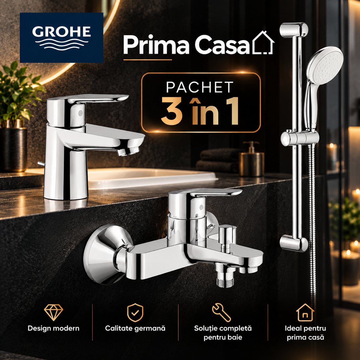 Pachet complet baterii baie 3 in 1 Grohe "Prima Casa" marimea S-(23328000,23334000,27853003  )