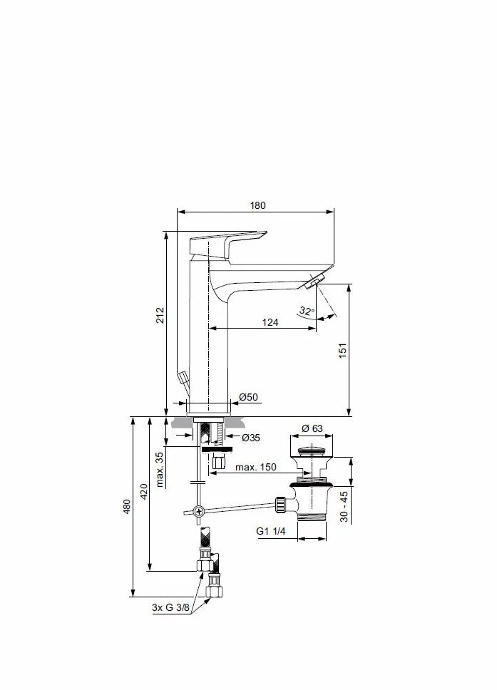 Baterie lavoar Ideal Standard Tesi Grande, 212 mm, ventil pop-up - A6563AA