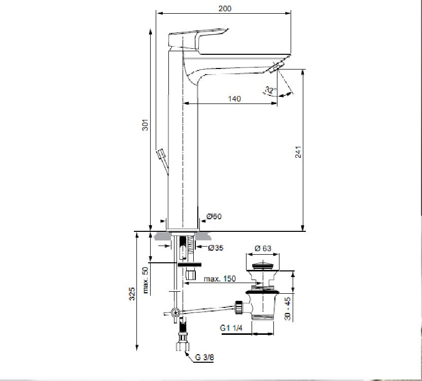 Baterie lavoar Ideal Standard Tesi, 301 mm, ventil pop-up, crom - A6573AA