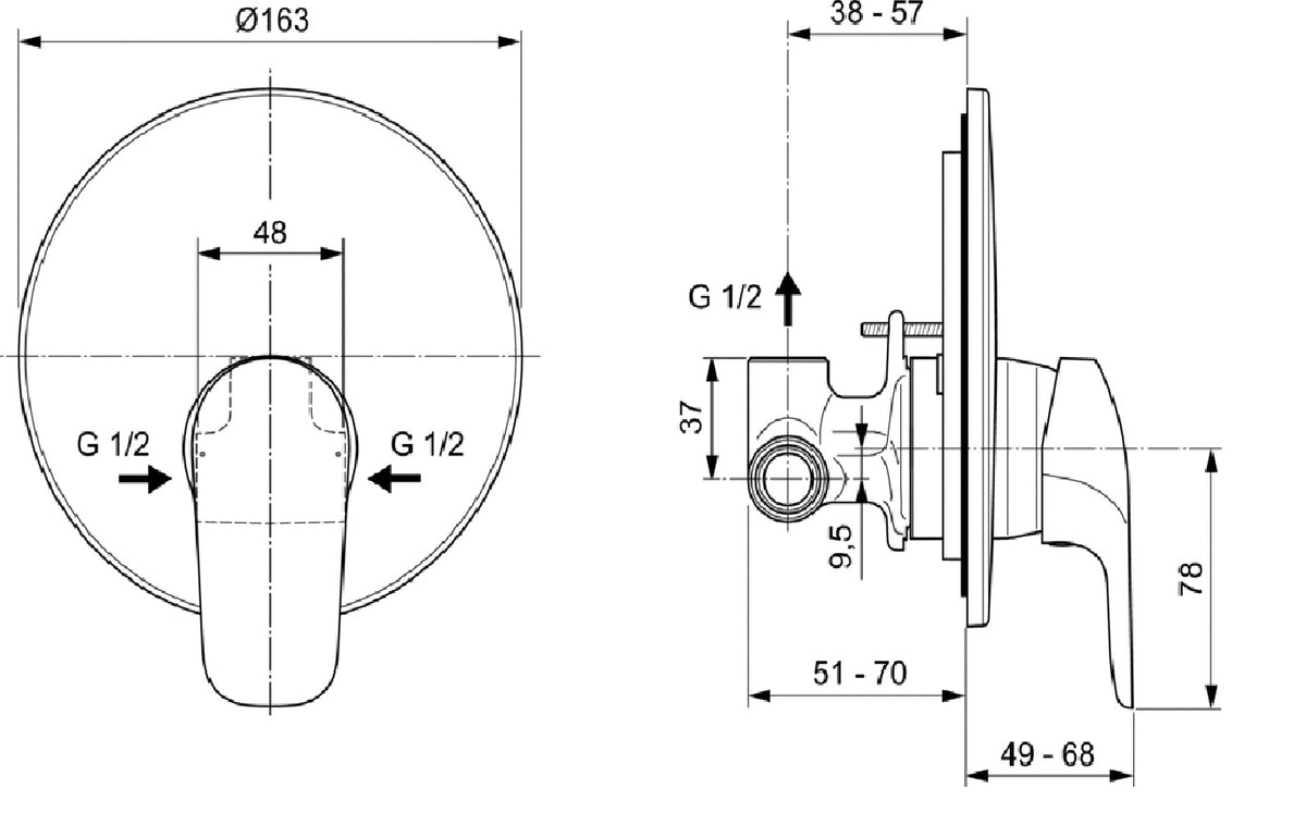 Baterie dus Ideal Standard Ceraflex, montaj incastrat, corp ingropat inclus, crom - A6757AA
