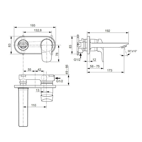 Baterie lavoar Ideal Standard Ceraflex, 1/2'', montare pe perete,, necesita set fixare, crom - A6941AA