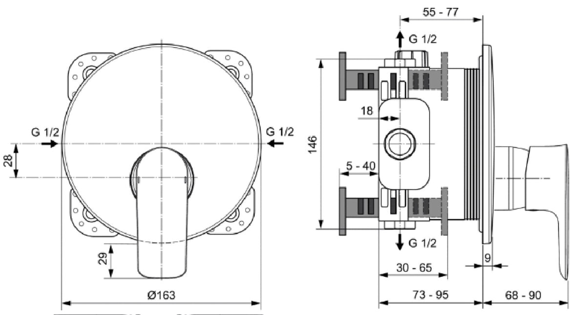 Baterie dus Ideal Standard Connect Air, montaj incastrat, fara corp incastrat, crom - A7034AA