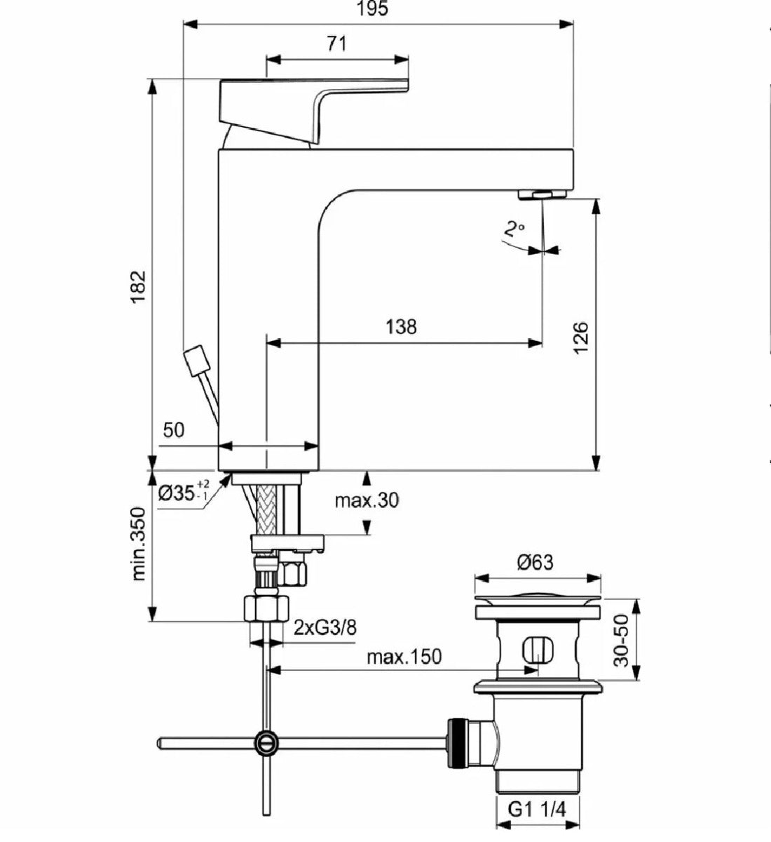 Baterie lavoar Ideal Standard Edge Grande, ventil metalic pop-up, crom - A7109AA