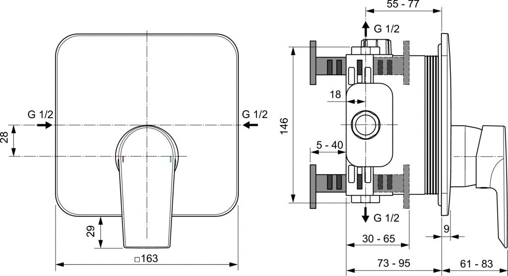 Baterie dus Ideal Standard Edge, montaj incastrat, fara corp ingropat, crom - A7123AA