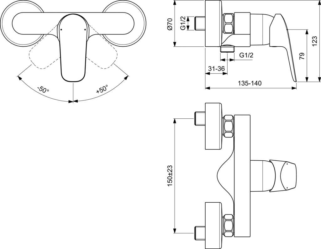 Baterie dus Ideal Standard Ceraflex, 1/2'', aparenta, monocomanda, crom - B1720AA