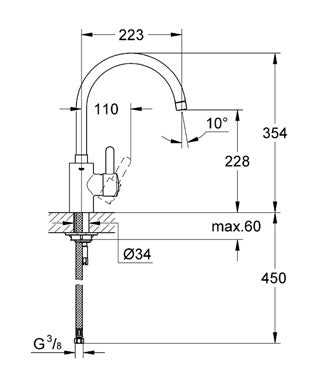 Baterie bucatarie Grohe Eurosmart Cosmopolitan, cartus ceramic, pipa pivotanta, Crom, furtune flexibile-32843002
