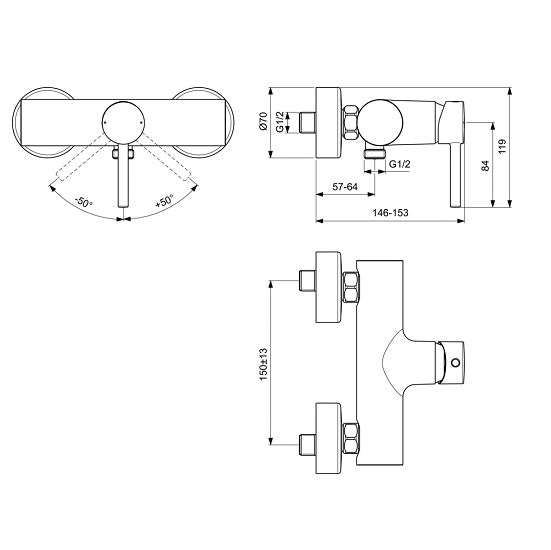 Baterie dus Ideal Standard Ceraline, aparenta, monocomanda, negru mat - BC200XG