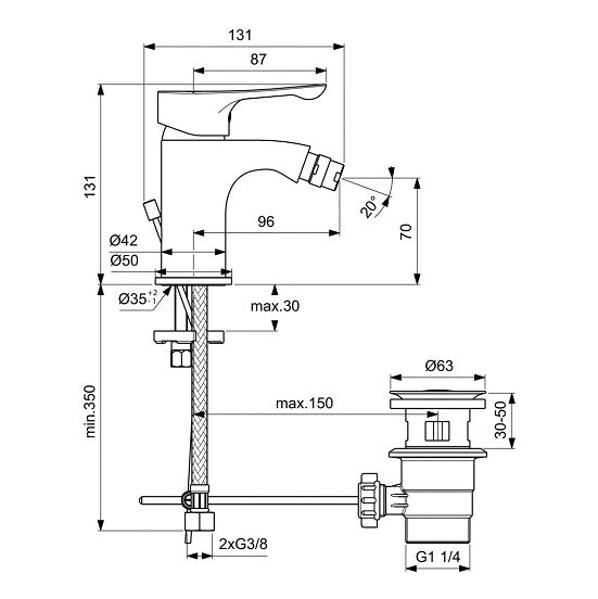 Baterie bideu Ideal Standard Alpha, 3/8'', monocomanda, evacuare cu tija, crom - BC487AA