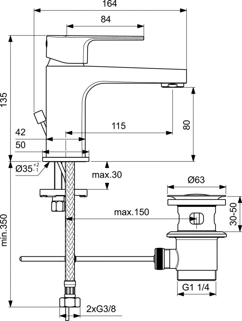 Baterie lavoar Ideal Standard Cerafine D h80, ventil metalic pop-up, crom-BC685AA