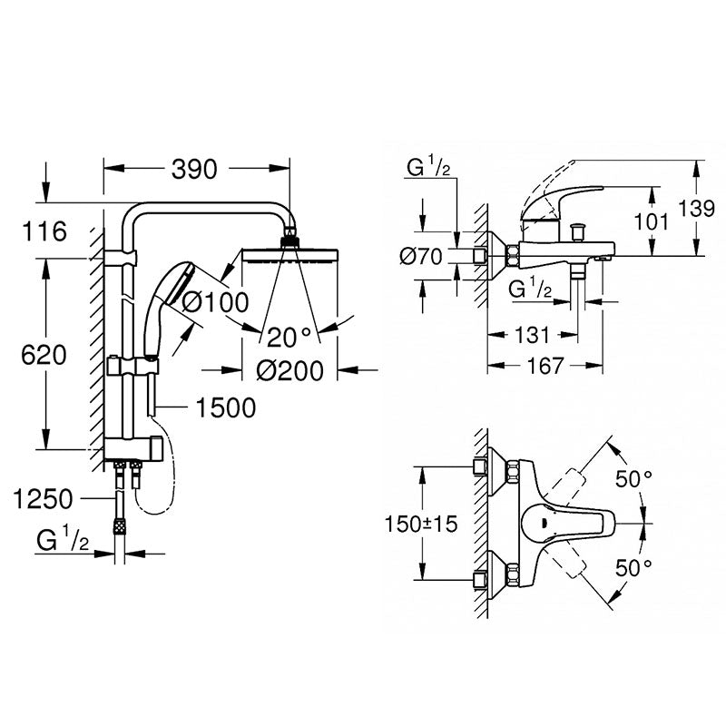 Coloana dus Grohe cu diverter, para 200, baterie cada/ dus Grohe (27389002,23768000)