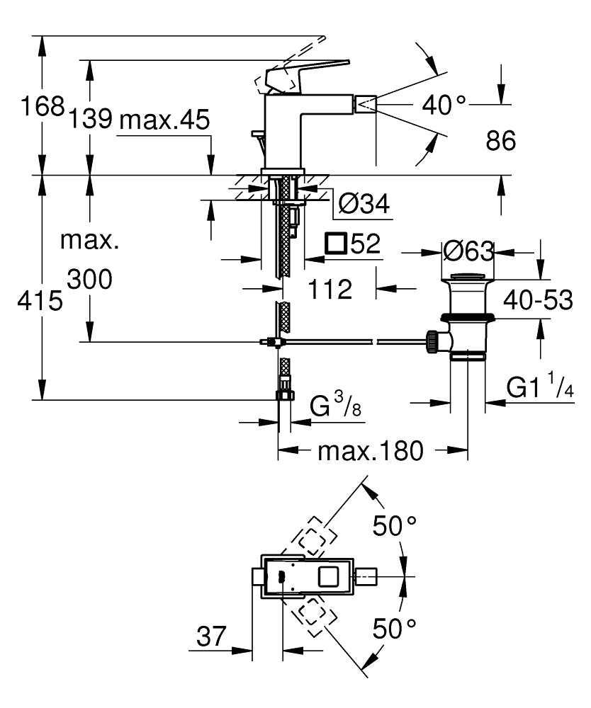 Baterie bideu  Grohe Eurocube,crom,furtune flexibile-23138000