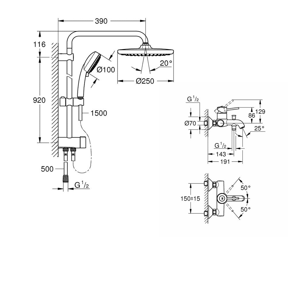 Coloana dus Grohe Tempesta 250+baterie cada Grohe Classic  (23787000  ,26675000)